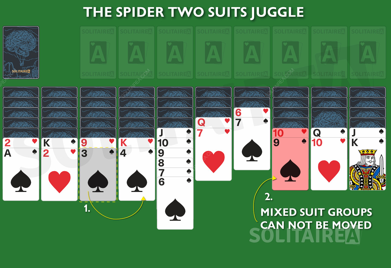 Gemengde groepen kunnen niet worden verplaatst in Spider Solitaire 2 Suits